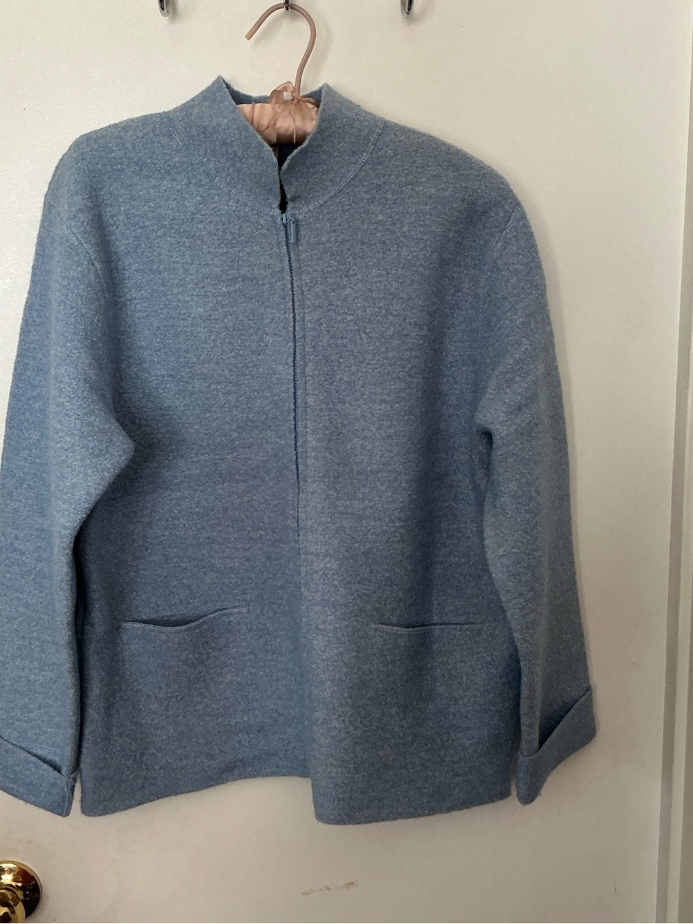 Eileen Fisher Ice Blue Full-Zip 100% Wool Boucle Knit Jacket with Pockets